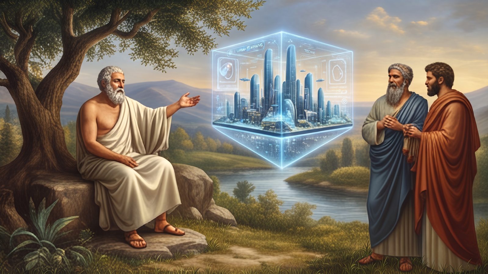 Socrates seated in an olive grove beside a holographic city, in dialogue with two companions.