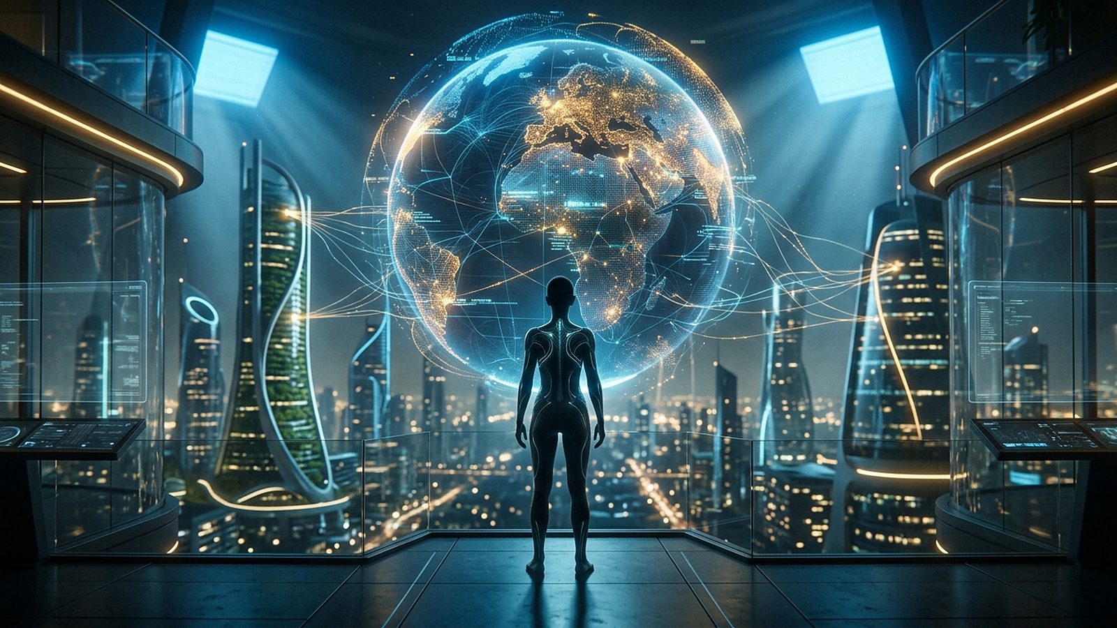 A figure stands before a vast glowing globe in a dark hall.