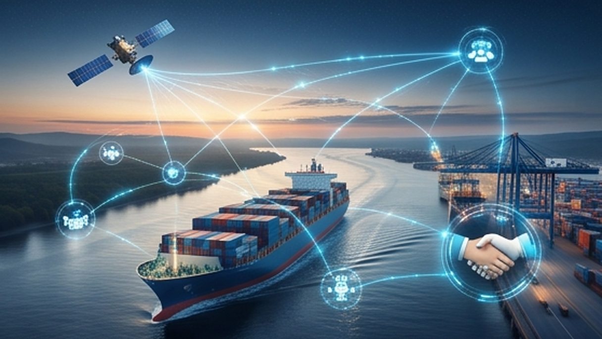 Autonomous agents orchestrating a container port: satellite links, cargo ships and a glowing handshake icon over a river at dusk.
