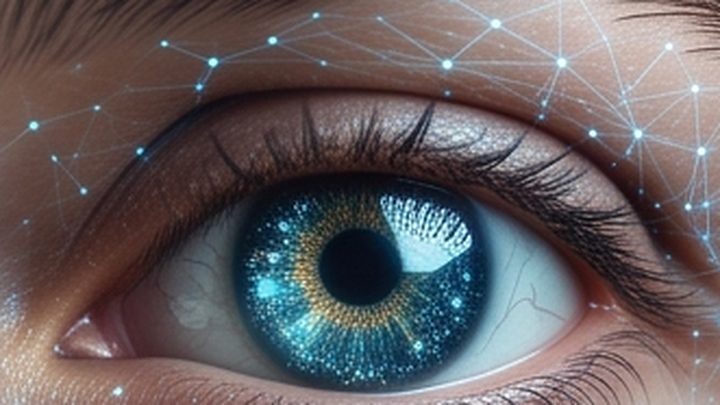 Close-up of a human eye with a fine luminous network traced across the iris and skin.