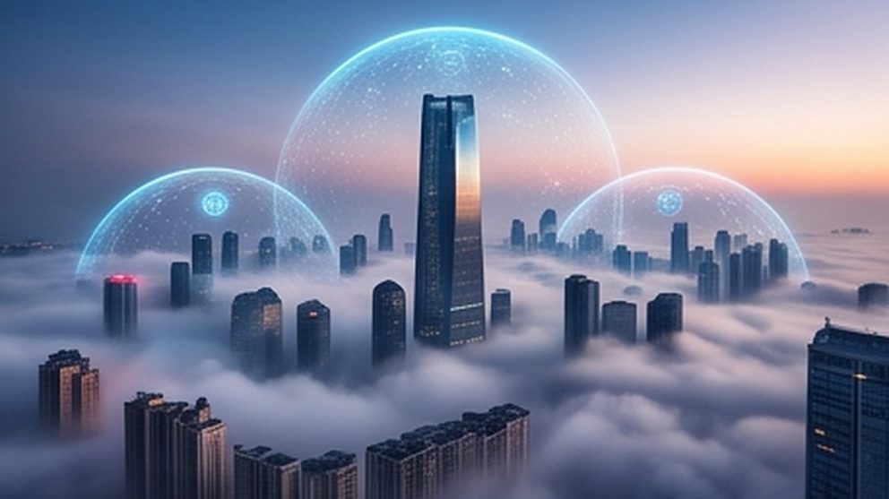 Corporate towers sealed inside glass domes above the clouds at sunset.
