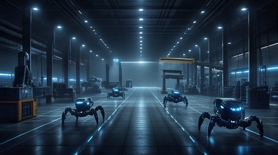 A dim automated factory floor patrolled by spider-like robots, no people in sight.
