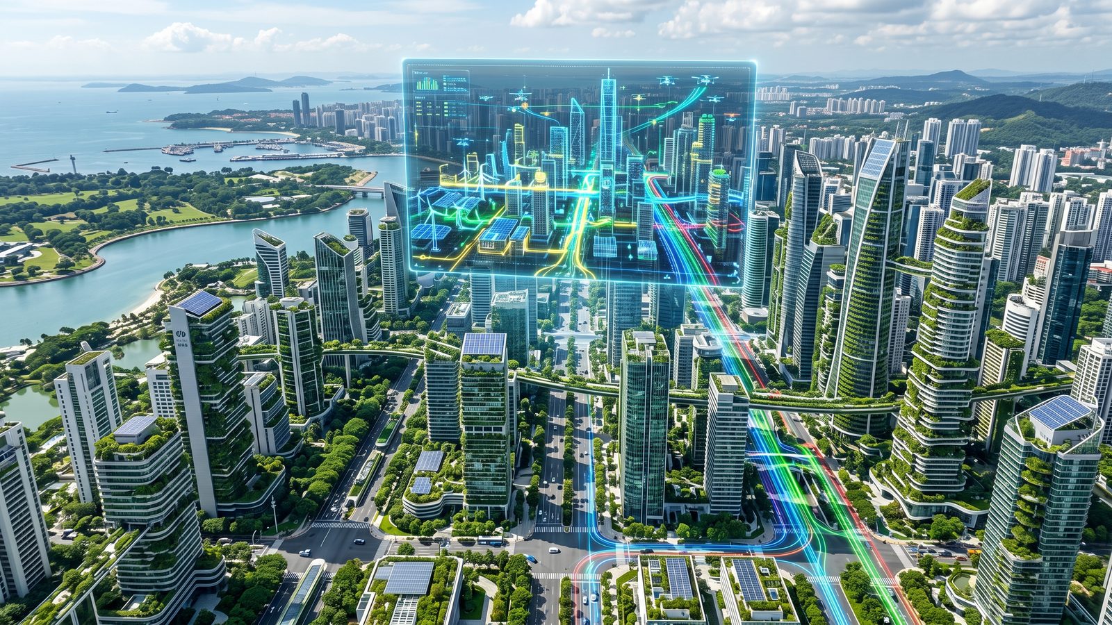 Aerial view of a green coastal city overlaid with glowing data pathways.