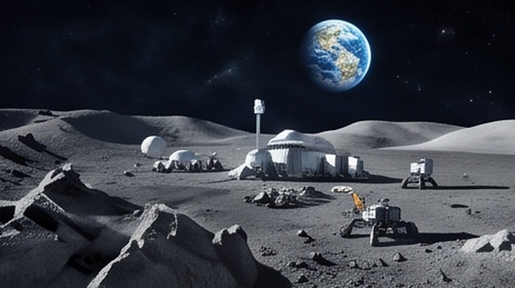 A lunar base with habitats and rovers on grey regolith, the Earth rising in a black sky.