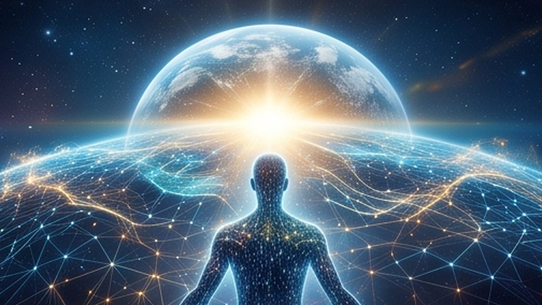 A lone figure facing a sunrise over a networked Earth, light tracing the planet's surface.