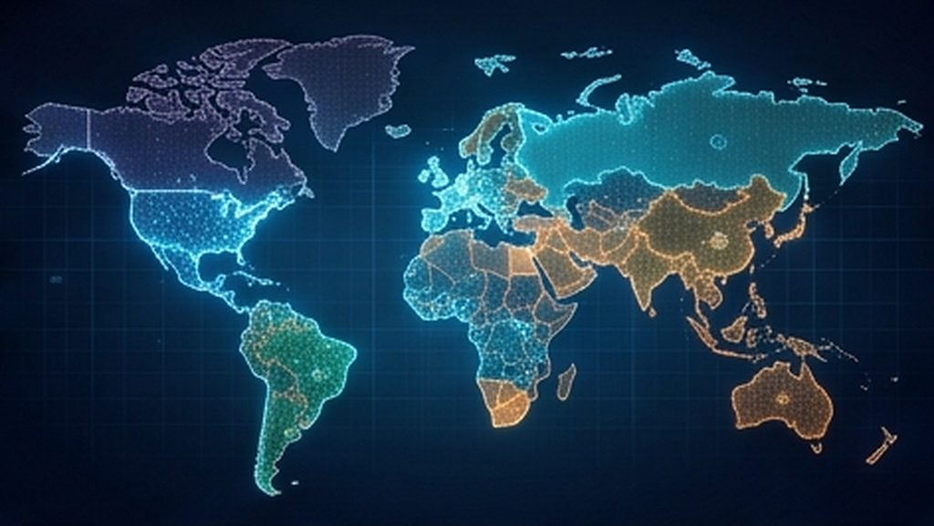 A world map divided into glowing coloured blocs.